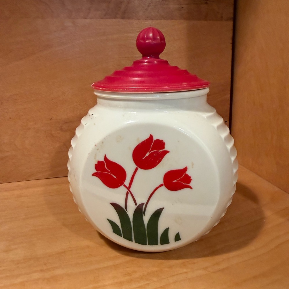 Vintage Fire King  Red Tulip‎ Grease Canister with Red Lid